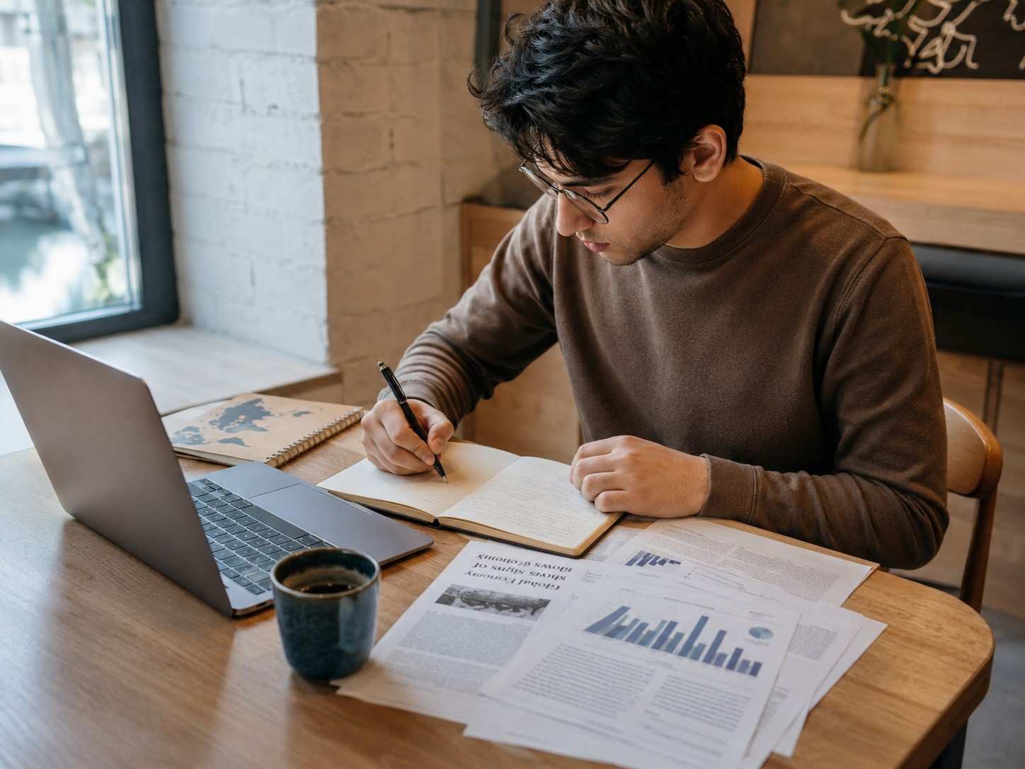 Student preparing for IE MiM business and current affairs interview questions using news reports, market charts, and research notes.